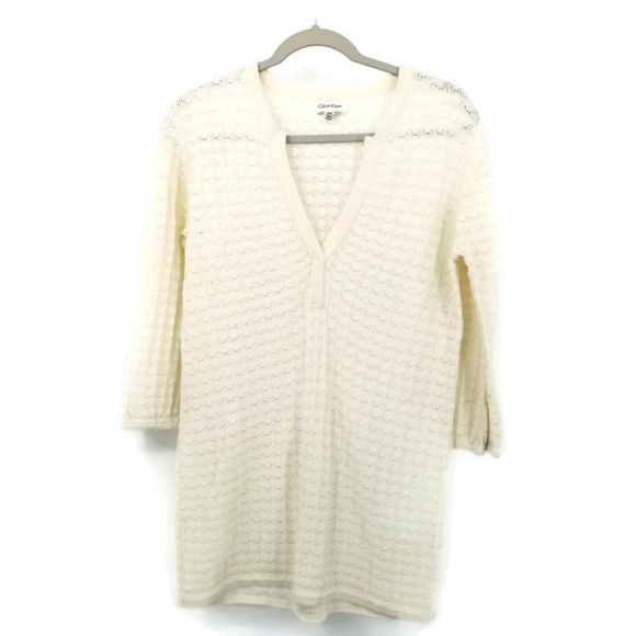 Calvin Klein V-Neck Long Tunic Sweater Cotton Wool - Picture 3 of 8